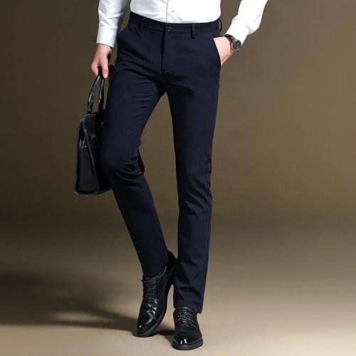 Mens casual pants fitness straight polyester blends long trousers plus size 2019 winter elastic dark navy young business slacks