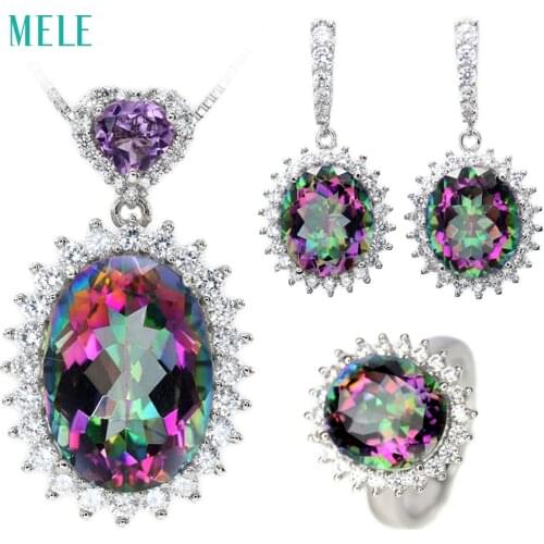 Natural mystic quarts silver jewelry set, oval 10mm*12mm for earring, oval 13mm*18mm for pendant, oval 12mm*14mm for ring