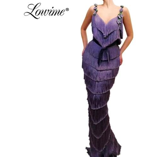 Purple Crystal Pageant Party Gown 2020 Arabic Dubai Mermaid Tassel Evening Dresses Turkey Handmade Kaftans Prom Dress Women Gown