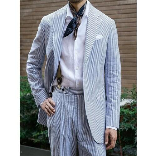 Summer new pure cotton seersucker casual suit commuting Blazer slim coat retro three button mens wear