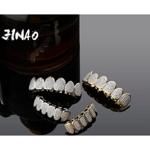 JINAO Gold Silver-Plated Hip Hop Teeth Grill All Iced Out CZ Stone Micro Paved Men n Womens Top&Bottom Grills Set Ship From US