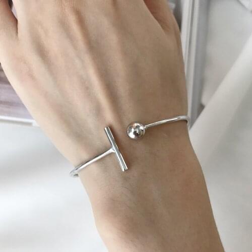 925 Sterling Silver Single Bead Opening Simple Geometric Thin Line Open Bangle Bracelet