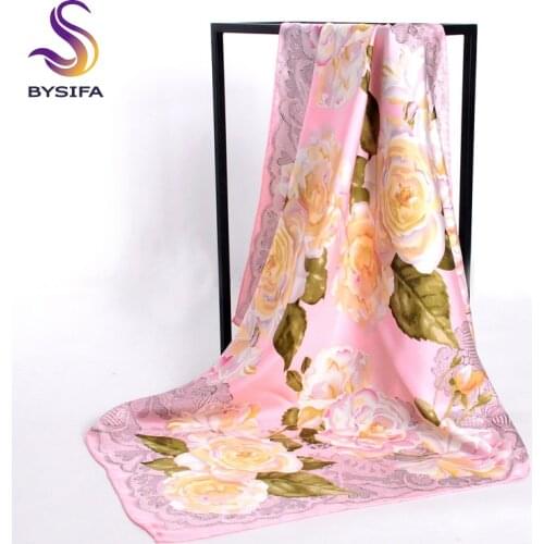 Pink Ladies Silk Scaf Shawl New Accessories 100% Silk Twill Square Scarves Wraps 90cm Spring Autumn Floral Head Scarf Bufandas
