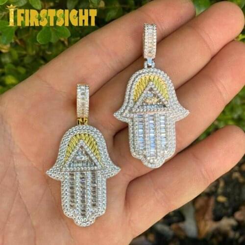 Hand Of Masonic Illuminati Eye Pendant Necklace Hip Hop Iced Out Cubic Zirconia Sliver Color CZ Fatima Choke Women Men Jewelry