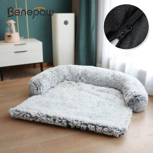 Benepaw Cozy Plush Dog Bed U-Shaped Sofa-Style Nonslip Couch Long Faux Fur Calming Donut Washable Pet Mat For Cats Puppies