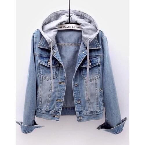 Women Denim Jeans Coat Jackets Hooded Autumn Spring Washed denim Jean Jacket Short Tops Vintage Long Sleeve