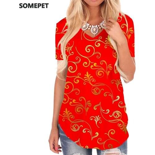 SOMEPET Abstract T-shirt women Psychedelic V-neck Tshirt Red Funny T shirts Harajuku T-shirts 3d Womens Clothing Fashion