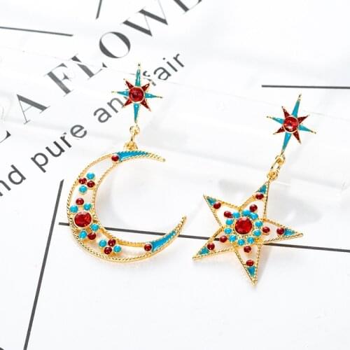 Fashion Ethnic Moon Star Asymmetric Drop Earrings For Women Geometric Long Dangle Earrings Jewelry Bijoux 2019 New Accessories