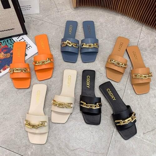 Womens Slippers 2021 Summer Metal Chain Luxury Square Head Flat Heel Female plus size outdoor beach comfortable Sandals