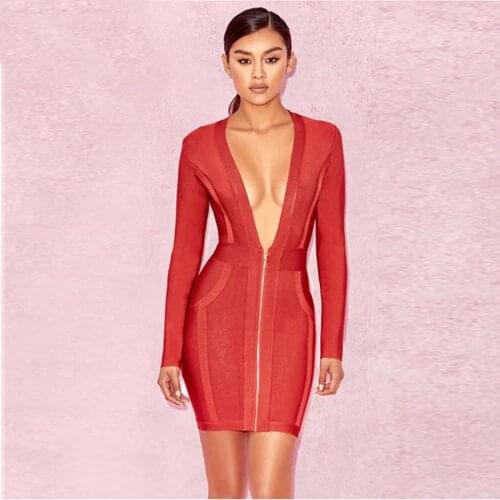 New Women Sexy Deep V Neck Long Sleeve Front Zipper Bandage Dress Celebrity Party Bodycon Mini Dress