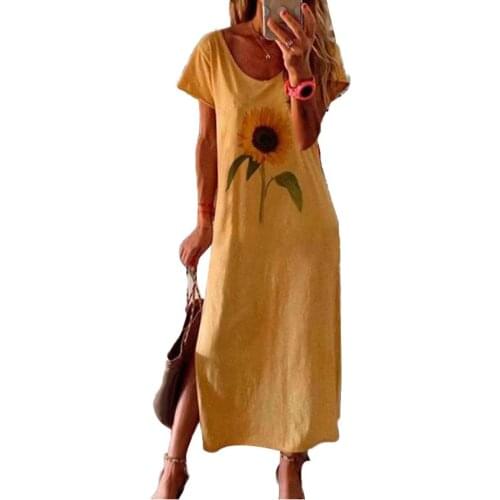 Fashion Women Dresses 2021 summer Sunflower Round Neck Short Sleeve Side Split Loose платье Long Plus Size Dress