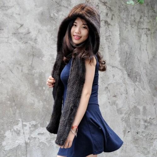 CX-C-33B Hat With Scarf Mink Fur Hand Knitted Winter Hat ~ Hooded Scarf ~DROP SHIPPING