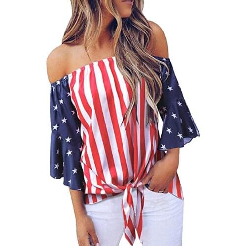 Off Shoulder Tops For Female Clothes Blusas Mujer De Moda 2021 Womens Flare Sleeve Lace-up Flag Printed Halter Stitching Shirt