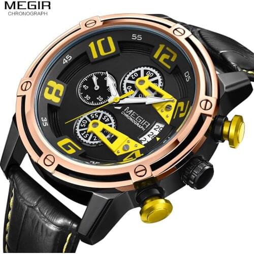 Megir Mens Quartz Watches Top Brand Luxury Chronograph Wristwatch Man 3atm Waterproof Leather Strap Military Sports 2078 Yellow
