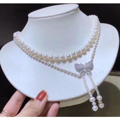 D1023 Pearl Neckalce Fine Jewelry Almost Round 3-8mm 2 layers Nature Fresh Water Pearls Necklaces for Women Presents