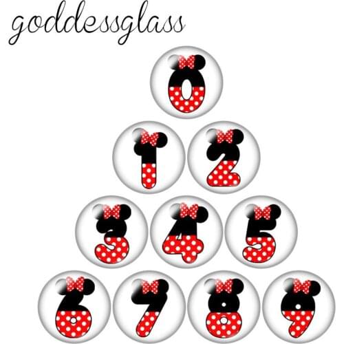 Disney Cute Minnie Ribbon 0-9 Numbers 10pcs 12mm/18mm/20mm/25mm Round photo glass cabochon flat back Necklace Making findings