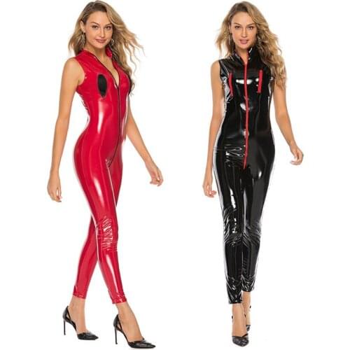Double Zipper Crotchless Jumpsuit Glossy Faux Leather Bodycon Sexy Lingerie Open Crotch Bodysuit Erotic Latex Shaping Leotard