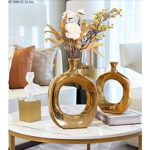 Art Ceramic Golden Hollow Vase Decoration Home Accessories Living Room Flower Arrangement Light Luxury Model Room Desktop Floral