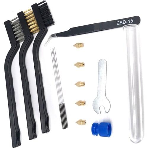Copper Wire Brush 3D Printer Cleaner Tool with 0.4mm Nozzle Steel Needle Tweezer Spinner Wrench Brush 3D Printer Parts Tool Kit