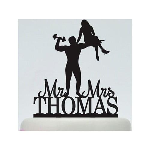 Custom glitter Wedding Cake Toppers Muscle Man And Beauty birde and groom silhouette with a girl color to choose