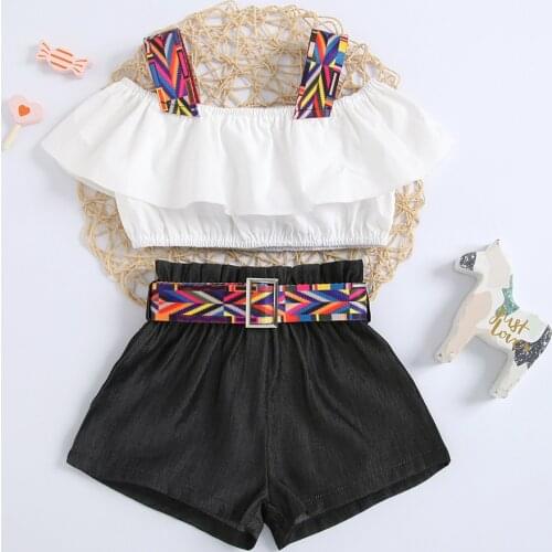 2 Piece Toddler Kid Summer Outfits Set Ruffles Sleeveless Solid Color Strap Crop Top And Tie-Up Black Shorts For Girls 2-6 Years