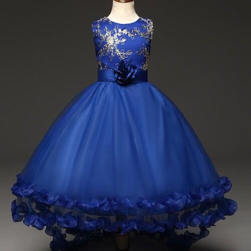 Gold wire embroidery Flower Girl Dress Sequined Mesh Trailing Girls Wedding Drag the floor Princess Party Dress girls clothing