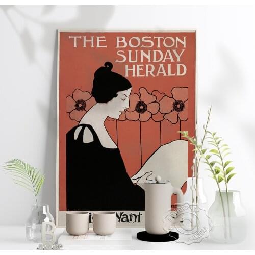 The Boston Sunday Herald Ladics Want It Feb24 Poster, Red Background Black Woman Reading The Newspaper Home Wall Picture Decor