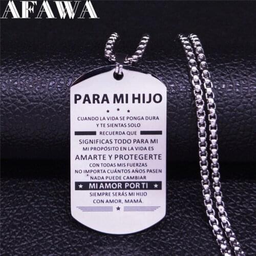 PAPA MI HIJO Palabras de aliento Stainless Steel Necklace Son/Boy Silver Color Necklace Jewelry joyas Fathers Day Gift N111S01