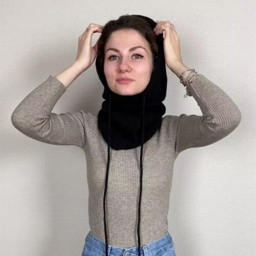 PUWD Casual Woman Black Thick Hooded Knitted Shawl Autumn Fashion Ladies Soft Scarf Female Lace Up Shawls