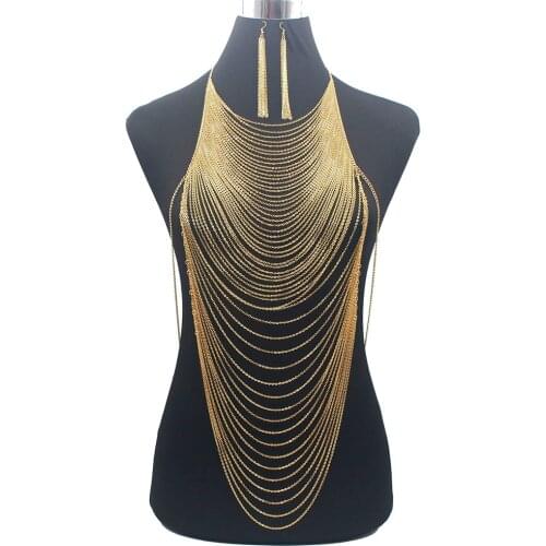 Luxury Fashion Shiny Sexy Body Belly Gold Color Full Chain Body Chain Bra Slave Harness Necklace Tassel Waist Jewelry