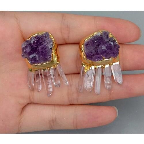 YYGEM Natural White Quartz Purple Amethyst Raw Druzy Rough Gold plated Stud Earrings