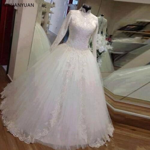 High Collar Modest Muslim Wedding Dresses with Long Sleeves Ball Gown Wedding Gowns with Front Split Overlay Skirt