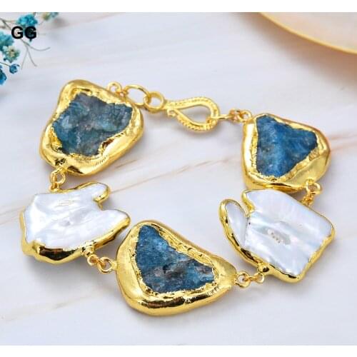 GuaiGuai Jewelry Natural Cultured White Keshi Pearl Natural Blue Apatite Stone Rough Bracelet For Women