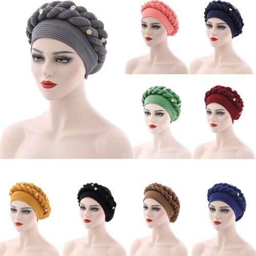Women Braid Turban Muslim Hijab Hat Bonnet African Auto Geles Aso Oke Headtie Already Made Head Wrap Scarf Chemo Cap Pleated