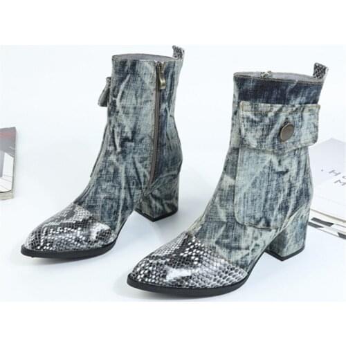 Women Ankle Boots 6CM Chunky High Heel Denim Boots Pointed Toe Rubber Shoes Woman Punk Style Jean Botas Riding Boot