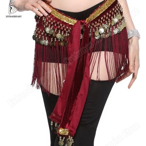 Women Belt Belly Dance Wrap Coins Tribal Clothes Gypsy Hip Scarf Tassel Costume Accessories Waist Chain Fringe Scarf 4 Colors