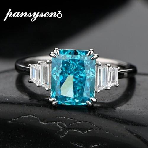 PANSYSEN 100% 925 Sterling Silver Created Moissanite Aquamarine Gemstone Rings for Women Luxury Wedding Fine Jewelry Wholesale