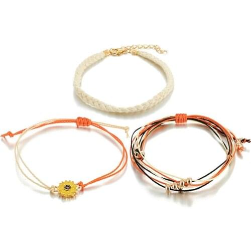 3pcs/set Handmade Bracelet Set Braided Charms Bracelets Sunflower Multilayer Rope Chain Lucky String Jewelry for Women