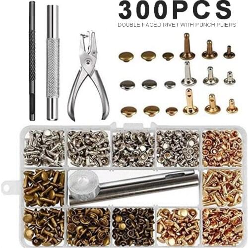 300 Sets 3 Sizes Leather Rivets Double Cap Rivet Tubular Metal Studs 3 Colors Rivets For Leather Belts DIY Crafts Repairing Tool