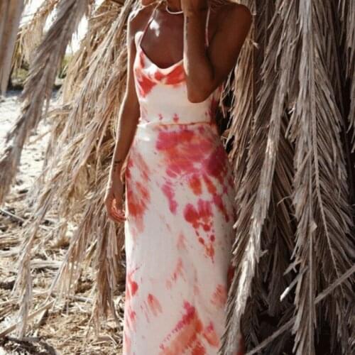 Tie Dye Print Fashion Sexy Backless Lace Up Midi Dresses Satin Sleeveless Slip High Waist Spaghetti Strap Dress Sundress