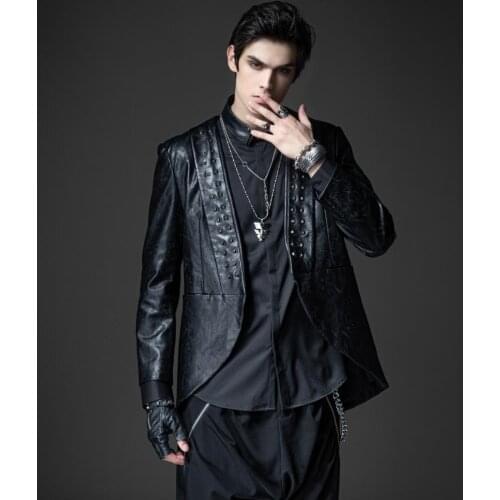 Free shipping new mens male fashion unique Night shine 2020 autumn black punk rivet PU leather suit blazer jacket BY203106217