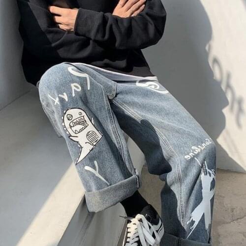 Graffiti printed jeans men oversize pants autumn new Korean fashion hip-hop casual loose high waist straight wide-leg trousers