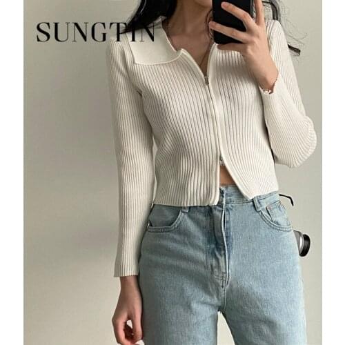Sungtin Cropped Thin Knitted Cardigan Women Ribbed Korean Vintage Zipper Sweaters Outwear Black Casual Jumpers Streetwear Chic