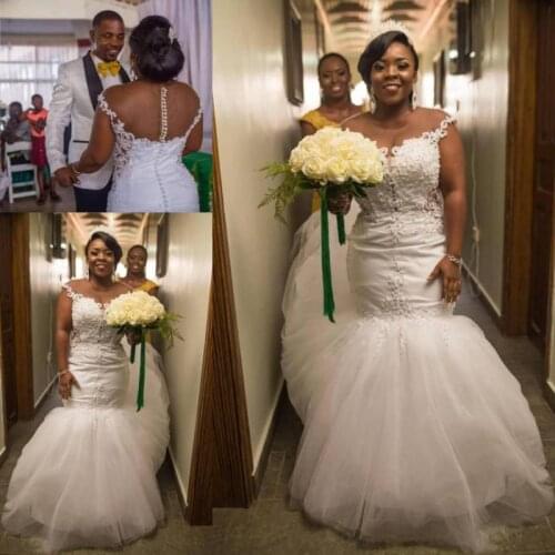 Sheer Neck Wedding Dresses Lace Appliques Cap Sleeve Mermaid Bridal Gowns Plus Size Back Covered Buttons Wedding Gowns Custom