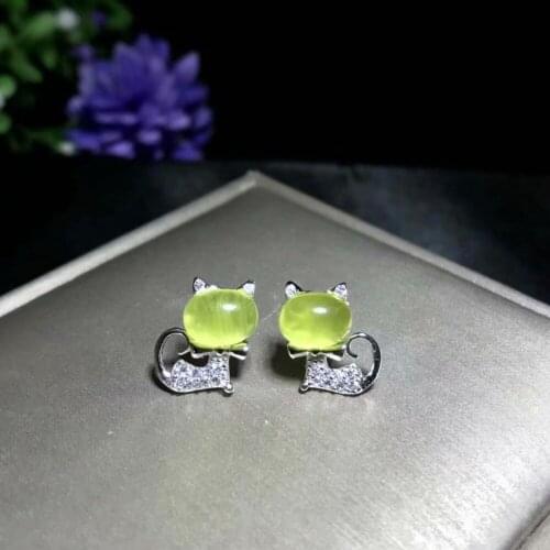 Natural grapevine ear nails 925 sterling silver ear nail 6 * 8mm yellow grapevine Cute kitten style animal