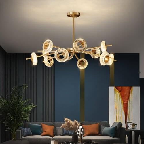 New Copper Molecular Led Chandelier Lighting Home Decor Living Room Bedroom Nordic Luxury Wristband Crack Crystal Ceiling Lamps