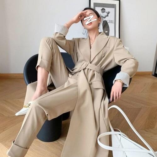 Autumn Women Korean Blazer and High Waist Pants 2 Piece Set Fashion Loose Windbreaker Suit Female Solid Long Coat Two Piece Set