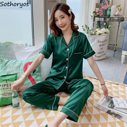 Korean Style Pajama Sets Women Simple Sleepwear Summer Two Piece Set Short Sleep Tops Full-length Pants Lounge Wear Loose Casual
