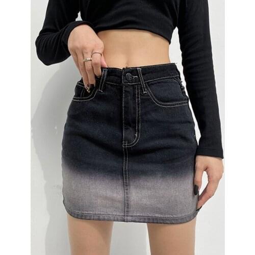Gradient Denim Straight Skirt Women High Waist Short Skirt Sexy Mini Skirts Black Streetwear Aesthetic Fashion