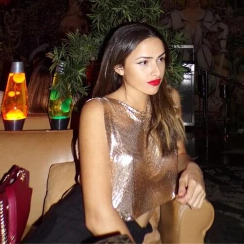 Rose Gold Metal Mesh Tank Top Women SLeeveless Cropped Top Semi Sheer Tops for Women